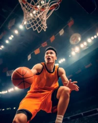 Jugadores de baloncesto encestando en un partido, perfecto para vender boletos con Ticketing Digital de Mi Ticket.